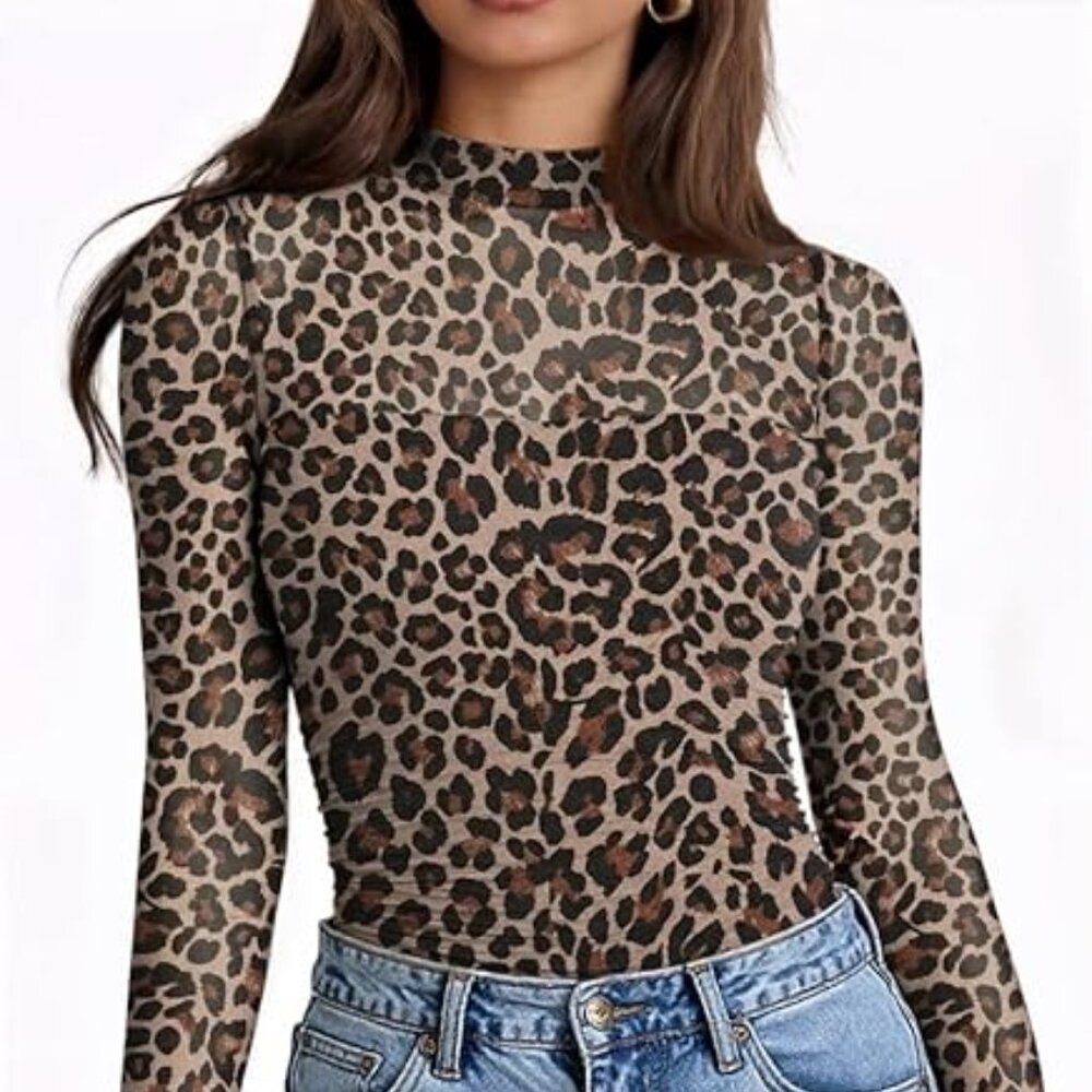 Women’s Mock Neck Sheer Long Sleeve Top – Pleated Slimming Mesh Blouse